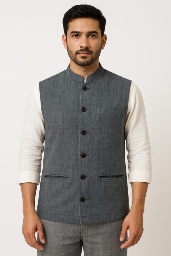 Grey Nehru Jacket with Mandarin Collar