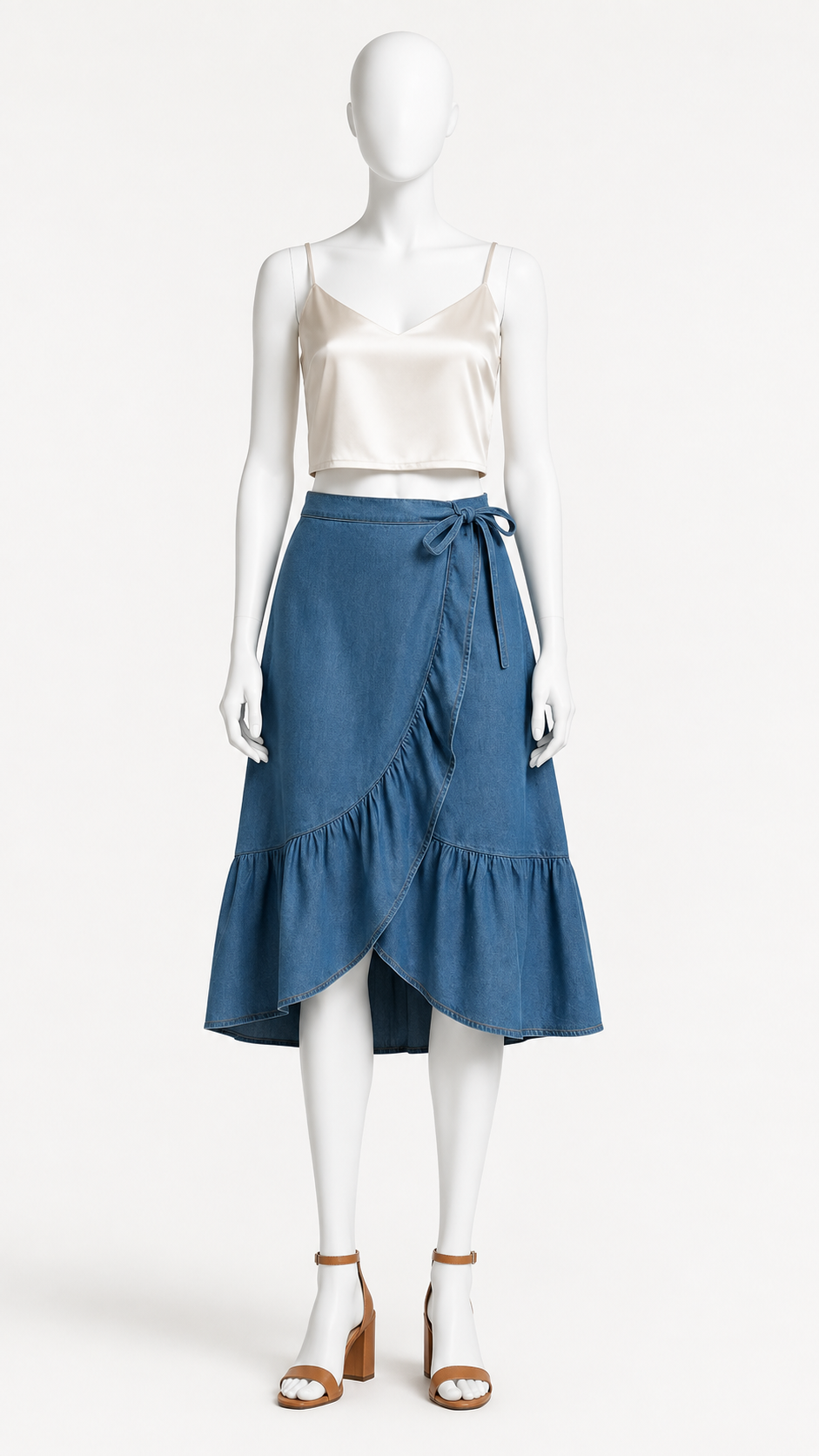 Denim Wrap Midi Skirt with Ruffle Hem.