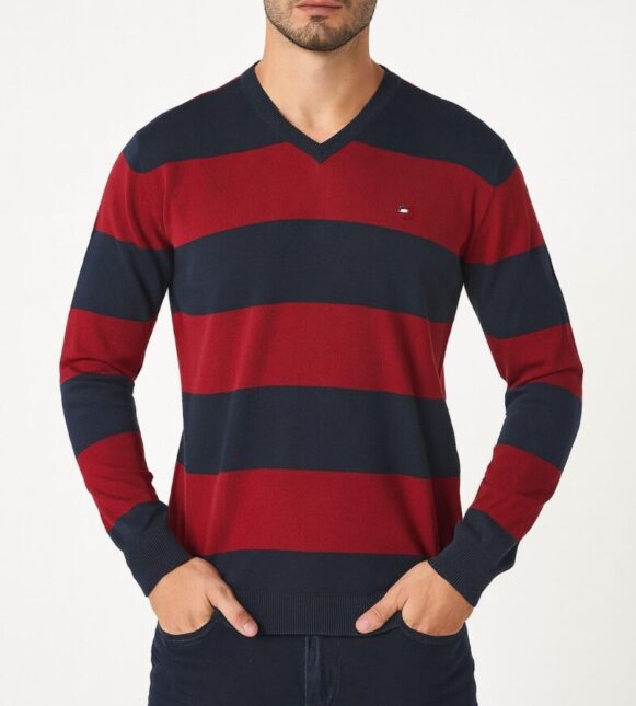 Red-Navy Striped V-Neck Sweater