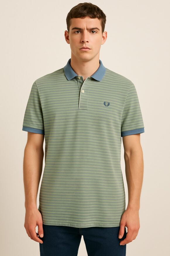 Green & Blue Striped Cotton Polo T-Shirt