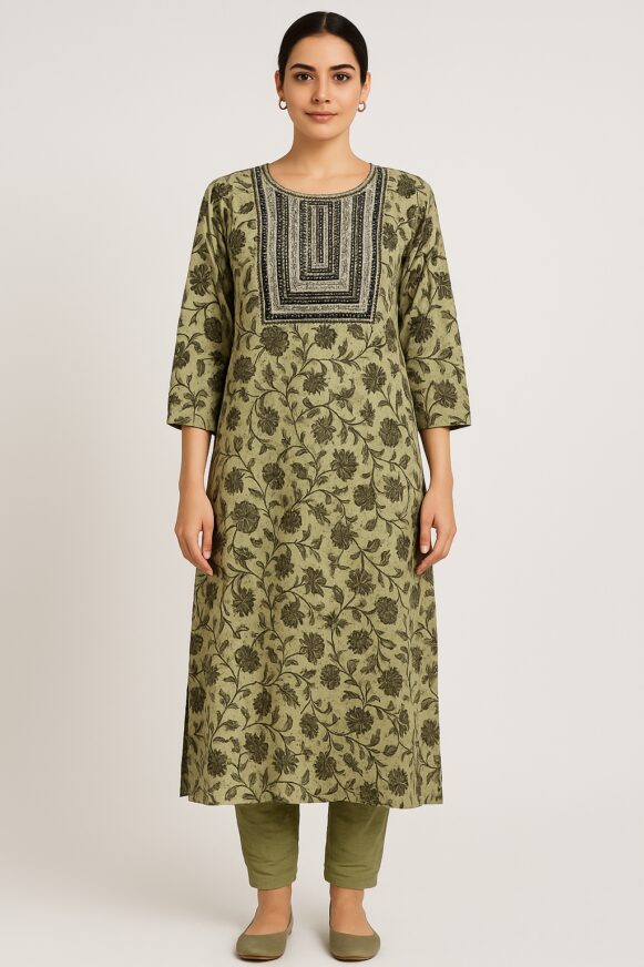 Olive floral straight kurta