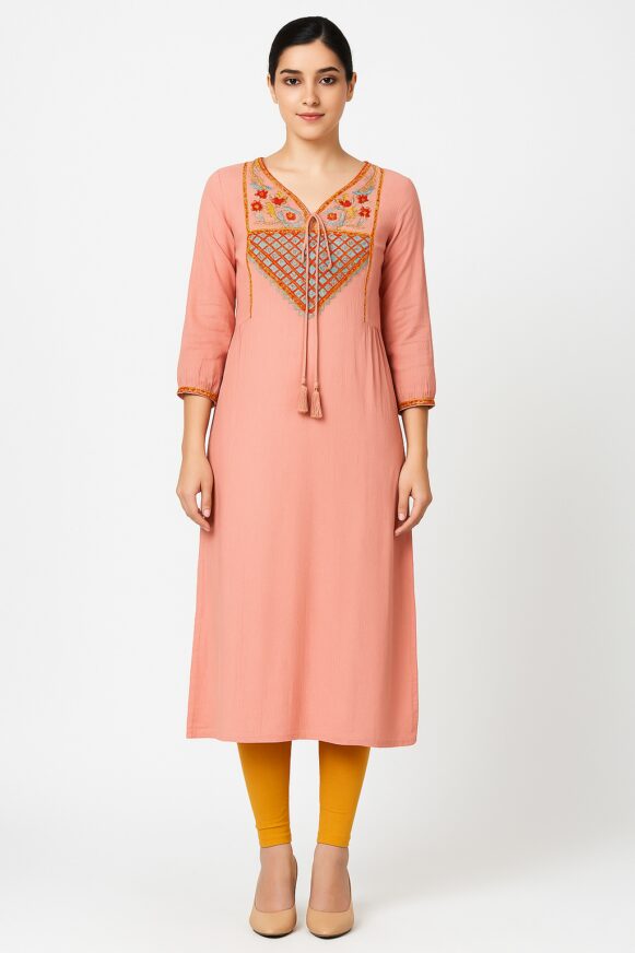 Peach embroidered cotton kurta