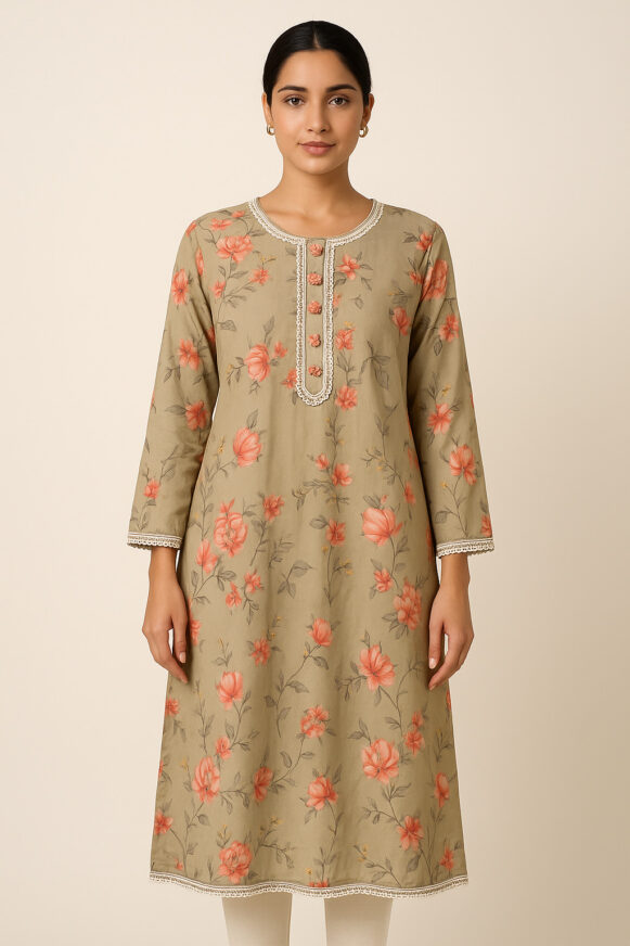 Olive Floral A-Line Kurta