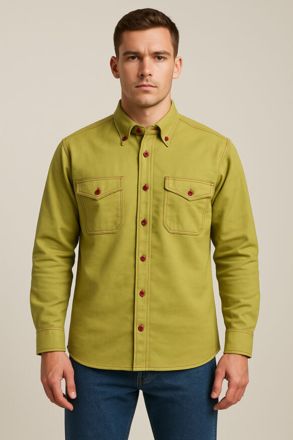 Olive Utility Shirt with Maroon Buttons