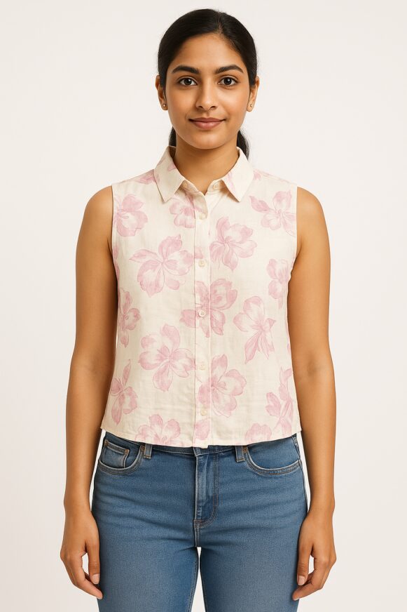 Floral Shirt – Light Beige with Pink Flowers