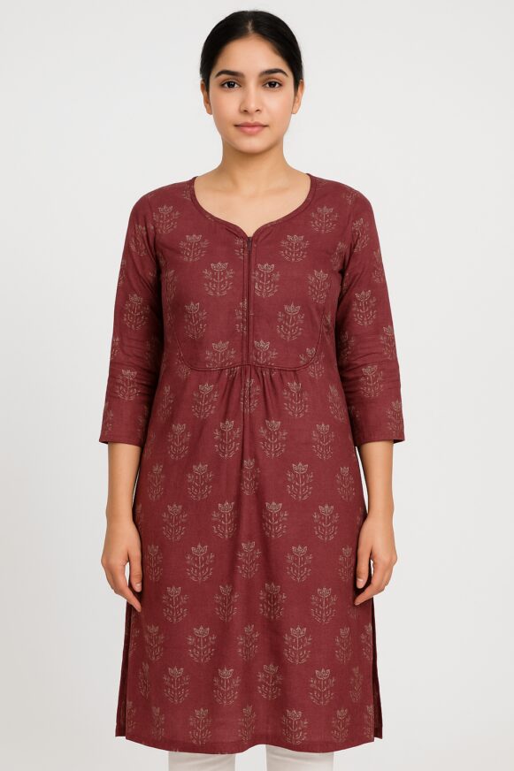 Maroon Zip-Front Printed Kurti