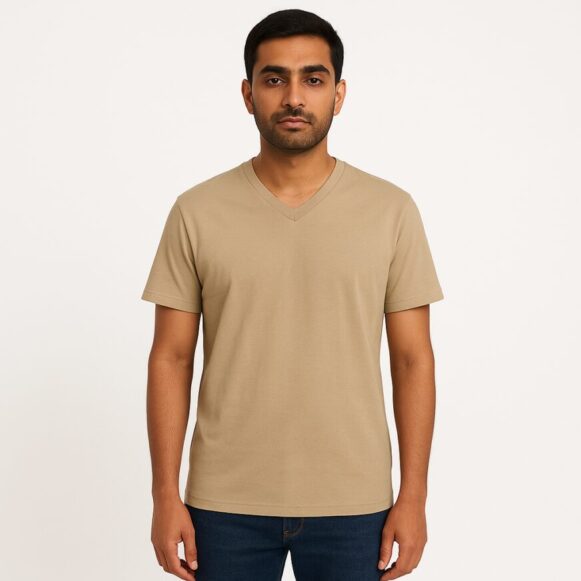 Beige Cotton V-Neck T-Shirt for Men