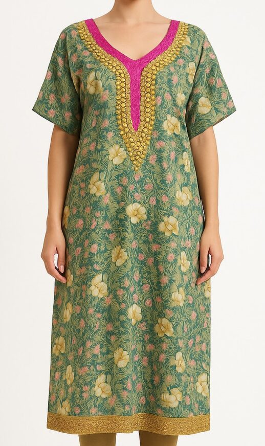 Green Floral Cotton Kurta - Image 3