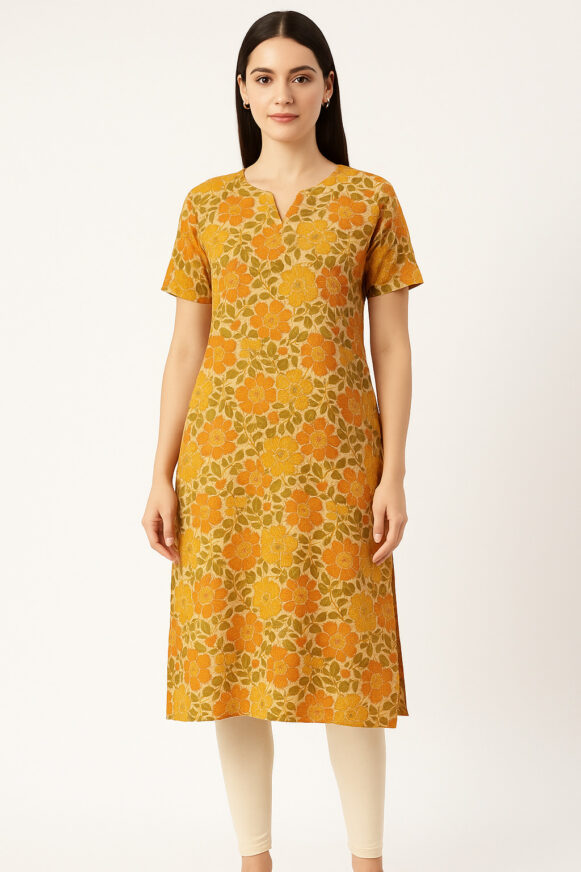 Orange Floral Cotton Kurta