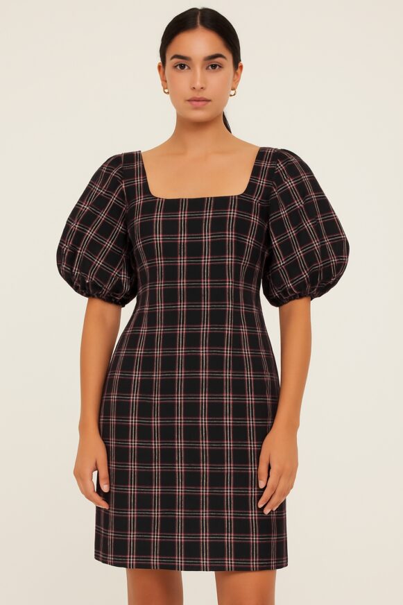 Check Puff Sleeve Dress