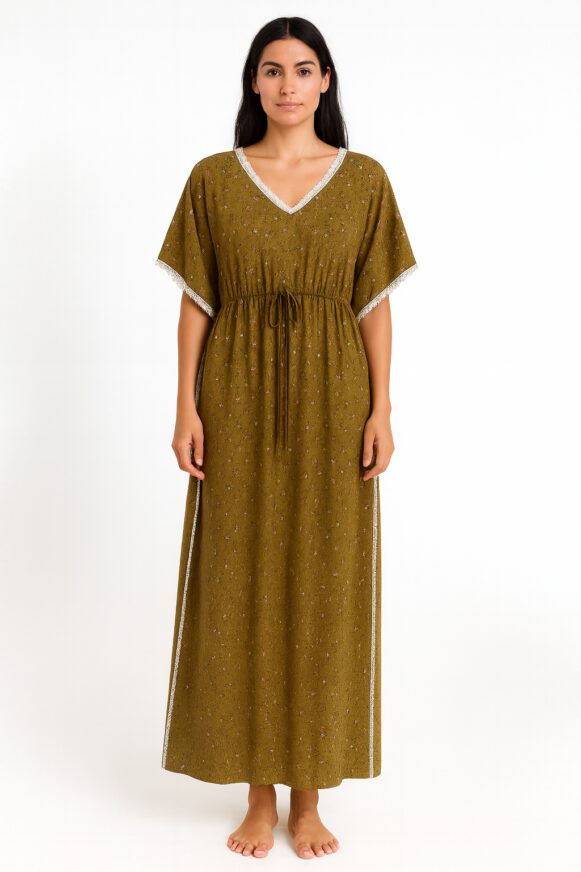 Olive Green Printed V-Neck Kaftan Dress
