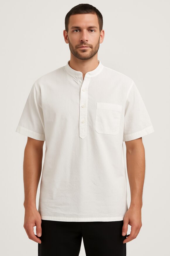 White Mandarin Collar Cotton Shirt