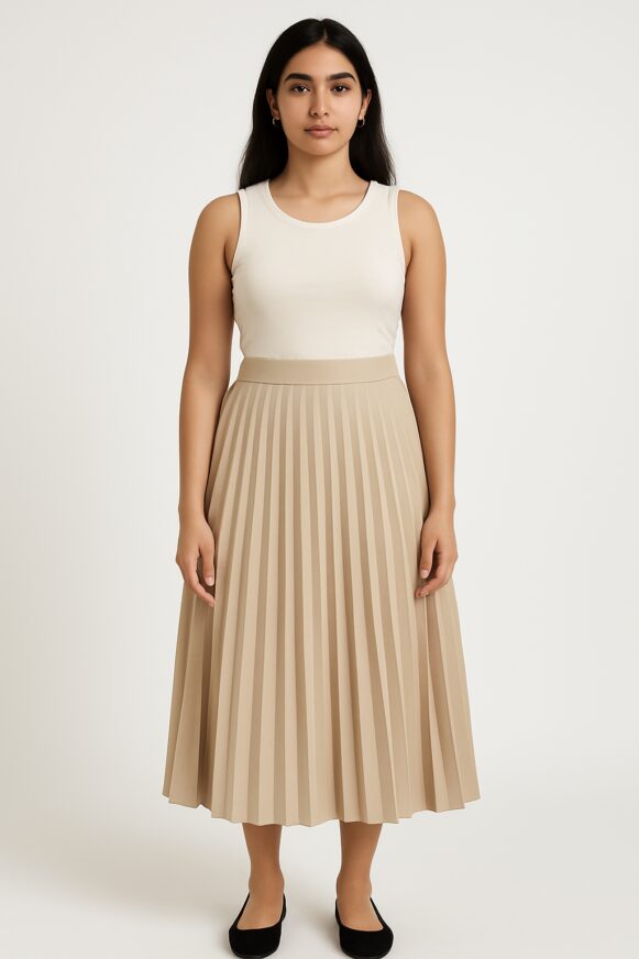 Beige Pleated Midi Skirt