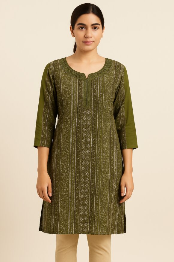 Olive Green Printed Straight Kurta
