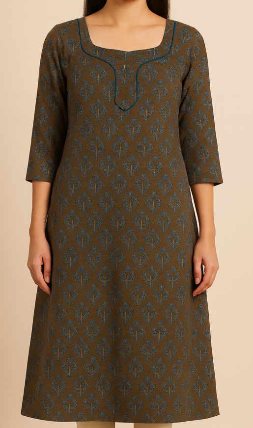 Olive Handblock Kurta - Image 3