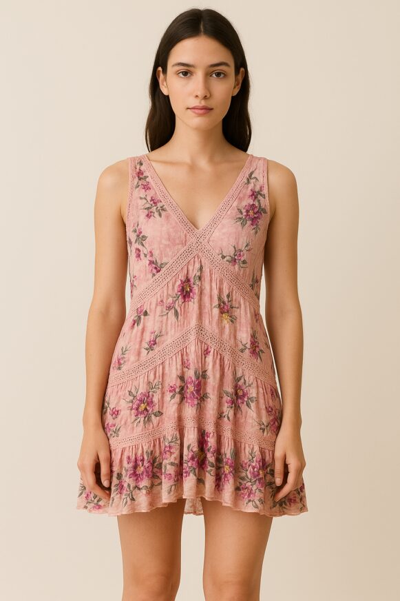 Pink Floral Sleeveless V-Neck Dress