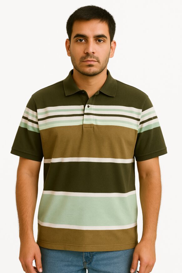 Men’s Olive Green Striped Polo T-Shirt