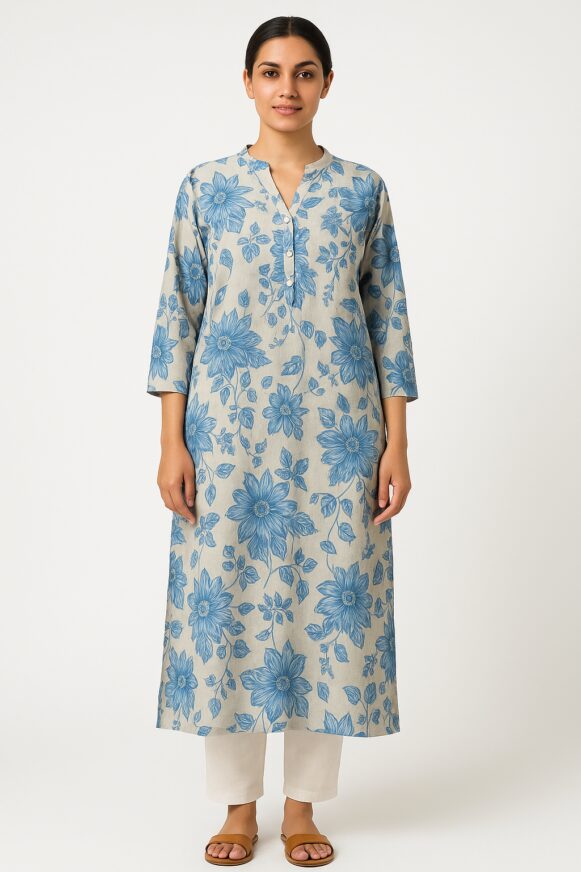 Blue Floral Cotton Kurta