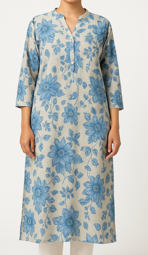 Blue Floral Cotton Kurta - Image 3