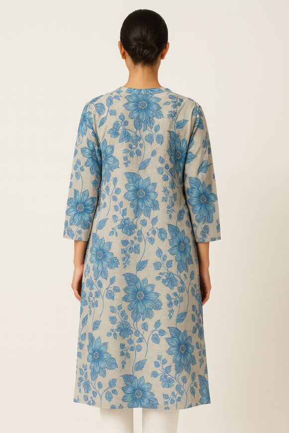 Blue Floral Cotton Kurta - Image 4