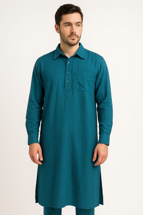 Teal Blue Cotton Long Kurta for Men
