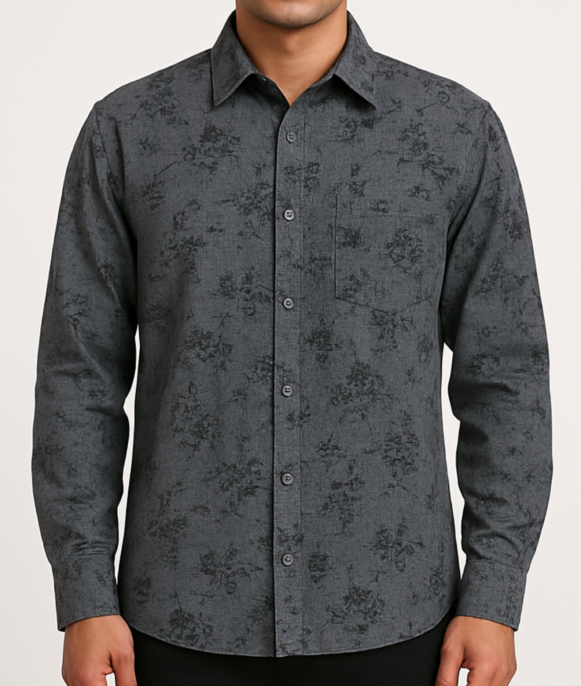 Charcoal Floral Cotton Shirt - Image 3