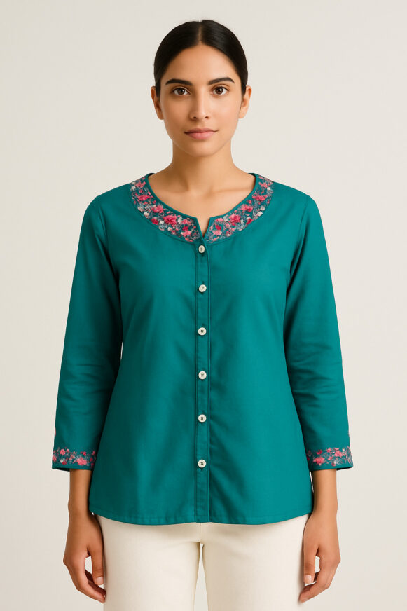 Teal Floral Embroidered Cotton Top
