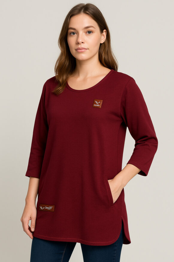 Maroon Cotton 3/4 Sleeve Tunic Top