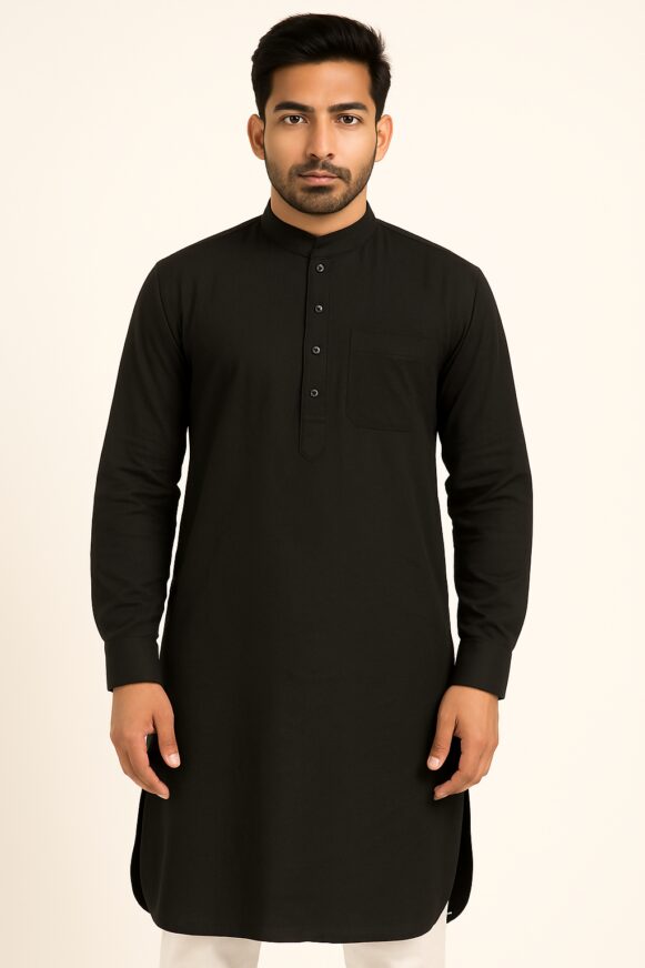 Jet Black Cotton Kurta for Men