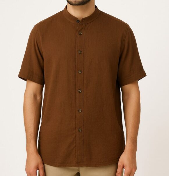 Brown Mandarin Collar Shirt