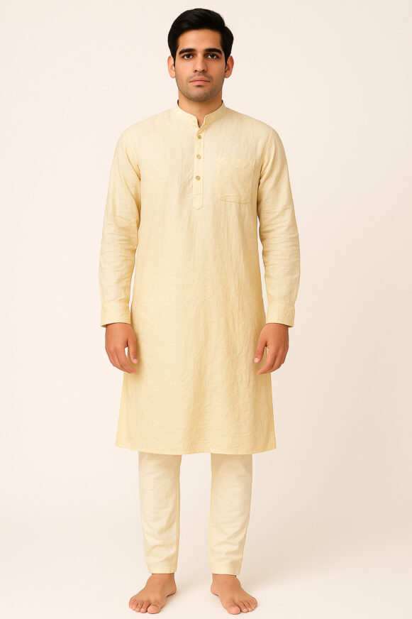 Beige Kurta with Pocket & Mandarin Collar