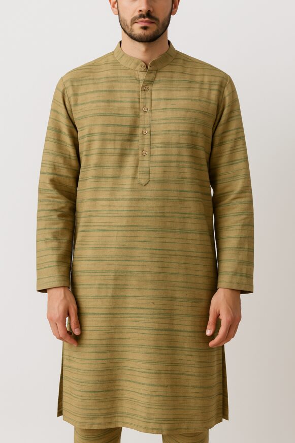 Earthy Green-Striped Khadi Kurta