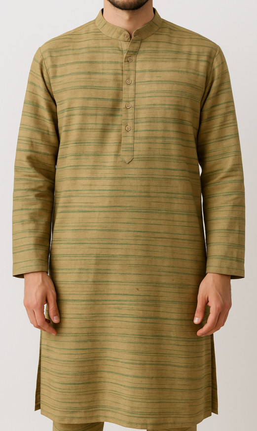 Earthy Green-Striped Khadi Kurta - Image 3