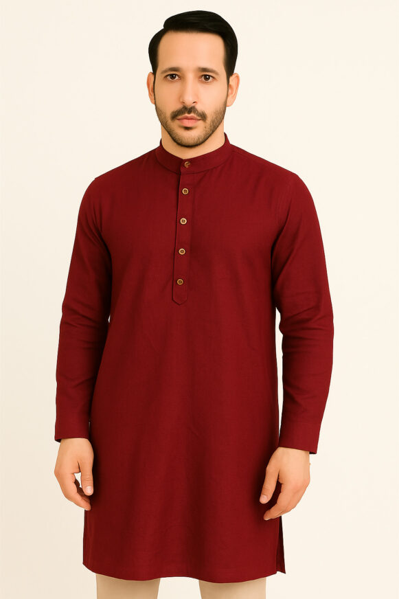 Solid Maroon Kurta With Mandarin Collar