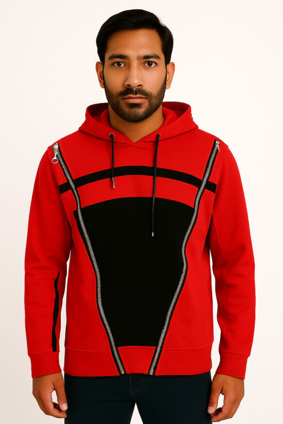 Red & Black Contrast Panel Zip Hoodie – Premium Streetwear