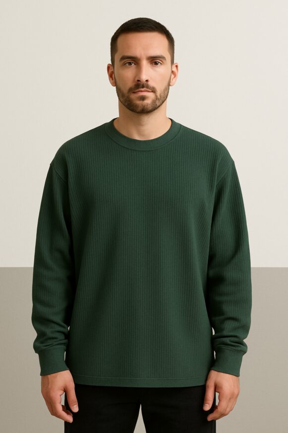 Ribbed green crew neck casual sweatshirt