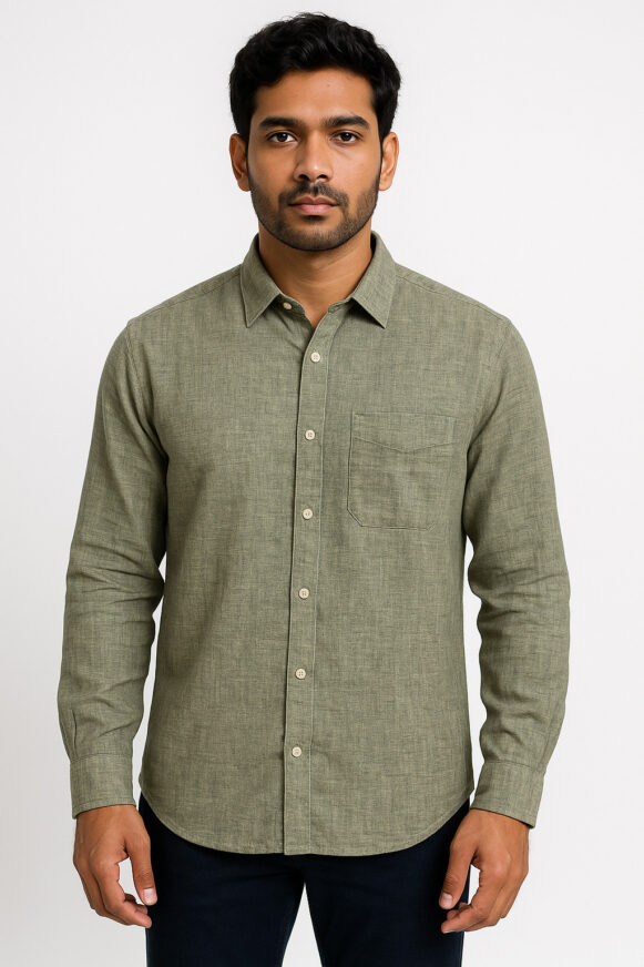 Olive Green Full-Sleeve Textured Cotton Shirt
