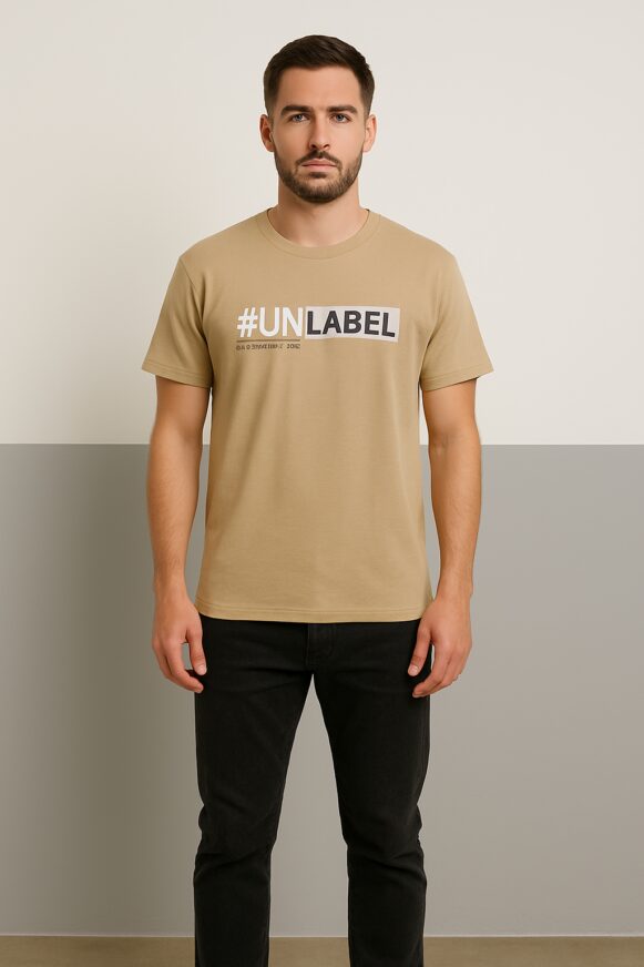 Beige "#UNLABEL" Graphic T-Shirt