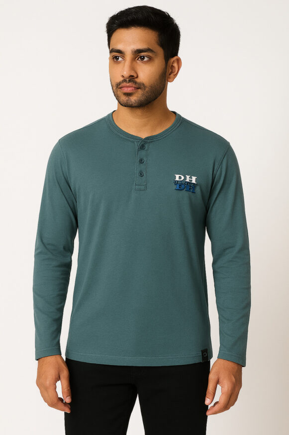Teal Henley Full Sleeve T-Shirt