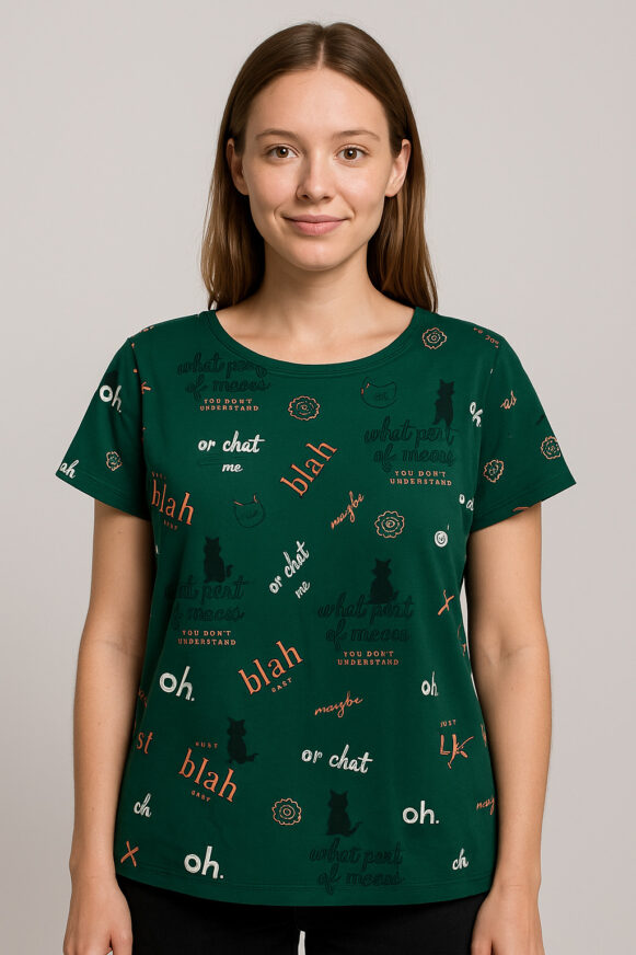 Green Cat Print Slogan T-Shirt