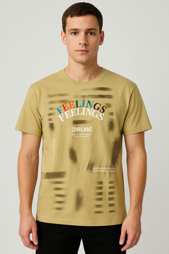 Feelings Print Round Neck T-Shirt – Beige