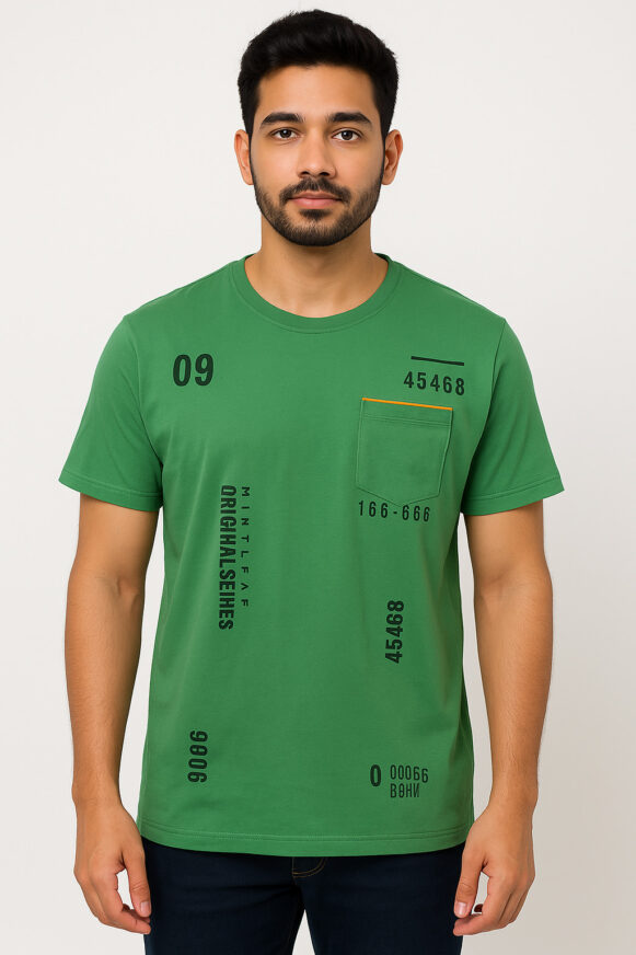 Green Printed T-Shirt With Graphic Text And Pocket