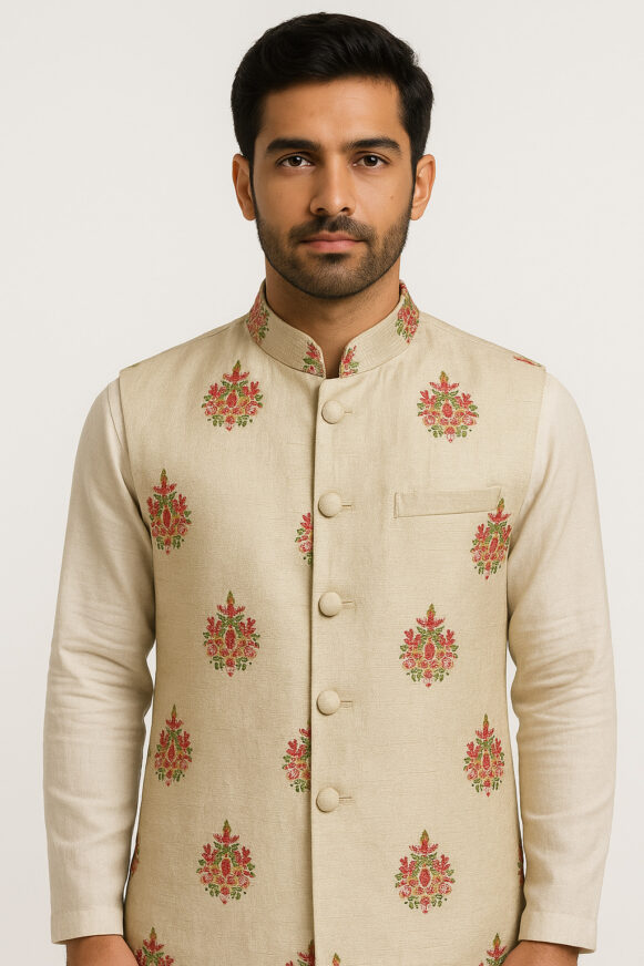 Beige Embroidered Nehru Jacket Mandarin Collar