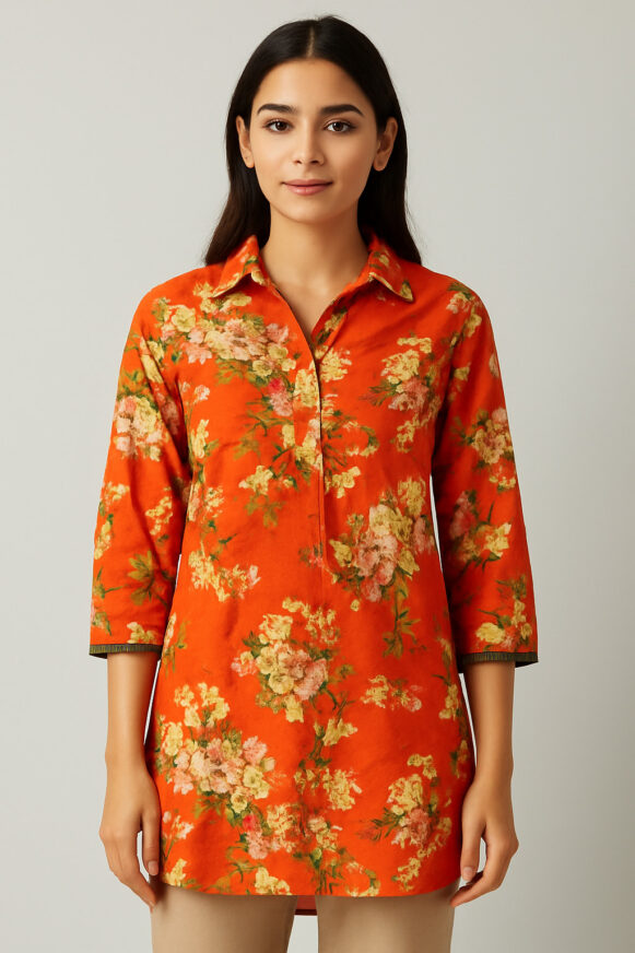 Orange Floral Shirt Kurta