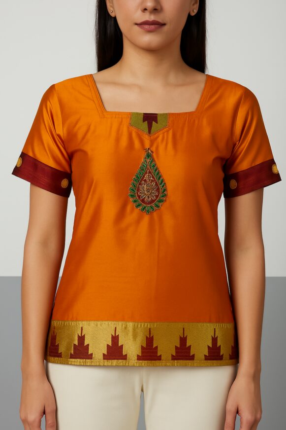 Orange Embroidered Silk Choli