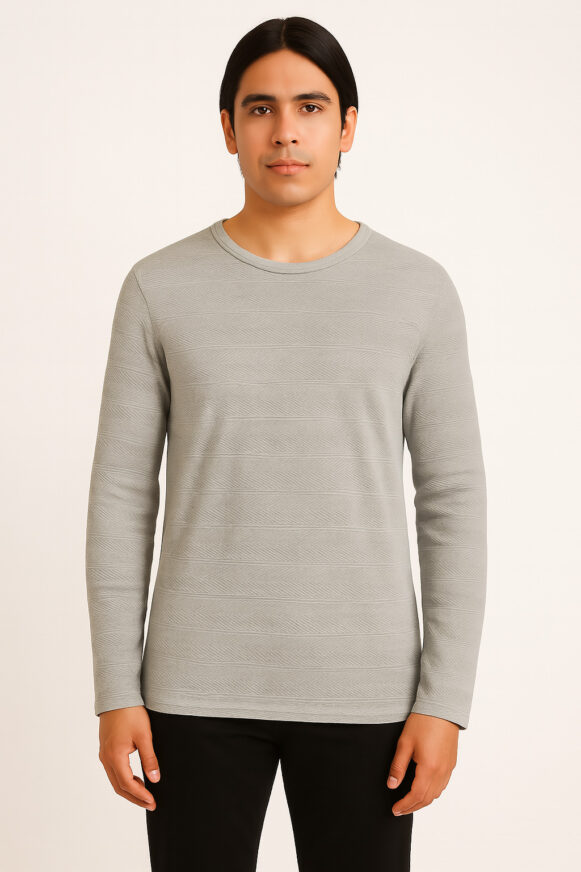 Grey Textured Full Sleeve T-Shirt