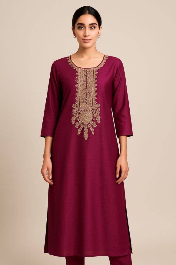 Magenta Embroidered Straight Kurta