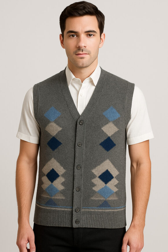 Men's Grey Argyle Pattern Sweater