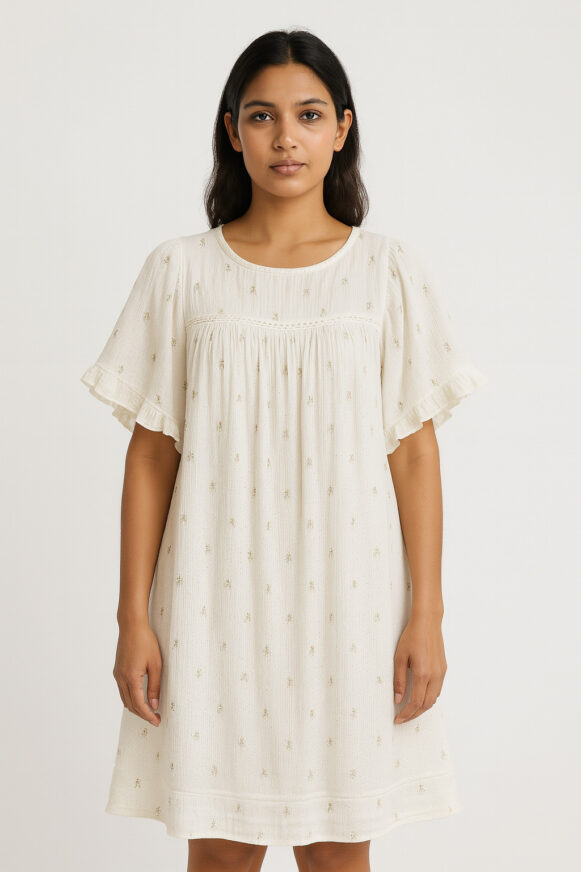 Women's Cream Embroidered Flared Short Dress