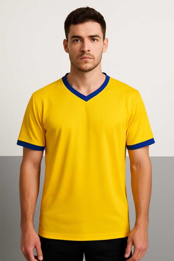 Yellow V-Neck Athletic T-Shirt With Blue Trim
